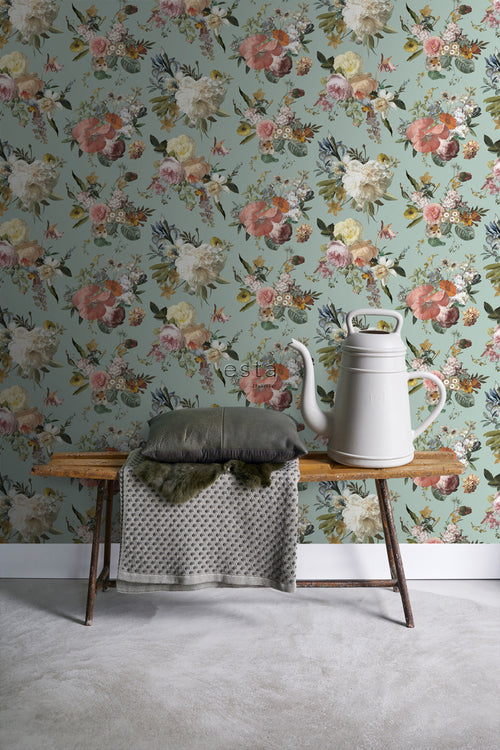 ESTAhome behang vintage bloemen vergrijsd groen - 53 cm x 10.05 m - 139366