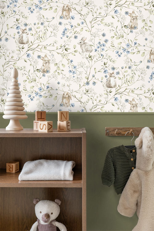 ESTAhome behang toile de jouy konijnen beige, groen, blauw en wit - 53 cm x 10.05 m - 131138