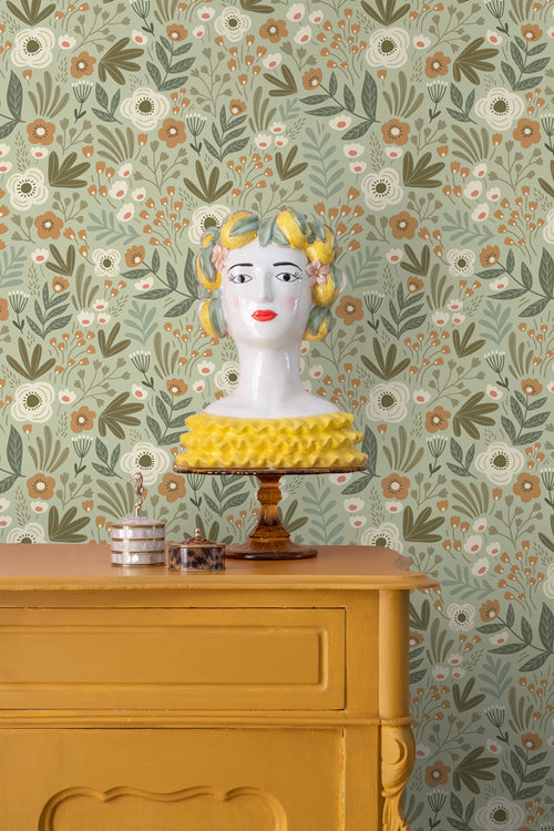 ESTAhome behang bloemetjes vergrijsd groen - 50 x 900 cm - 131070 - vtwonen shop