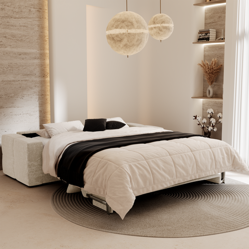 Premium Interiors - Snel uitklapbare slaapbank VIBE - gewaafd fluweel crème 206cm