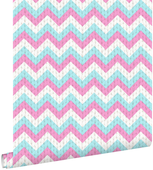 ESTAhome behang zigzag motief turquoise en roze - 53 cm x 10.05 m - 138136