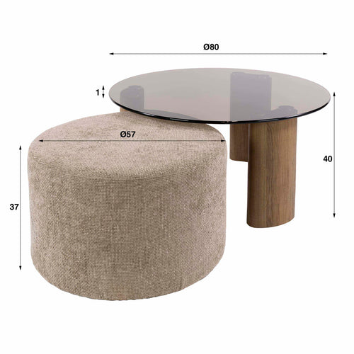 Giga Living Salontafel Tinto - Rond Brons Glas - Incl. Poef - Set van 2
