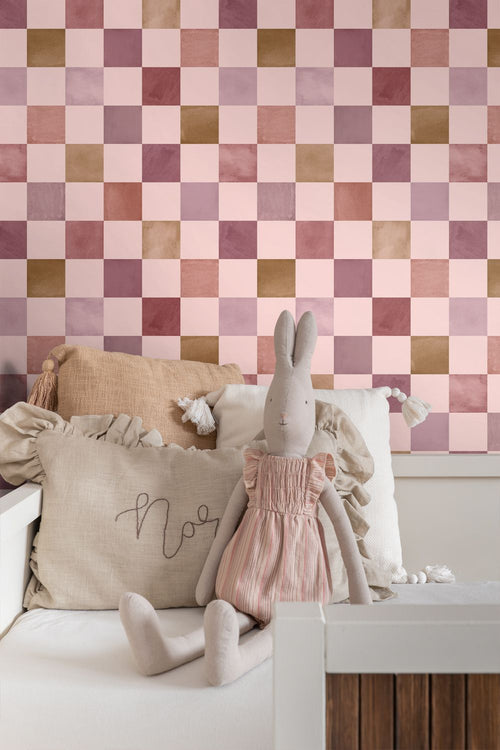 ESTAhome behang geblokt motief paars en donker rood - 50 x 900 cm - 132177