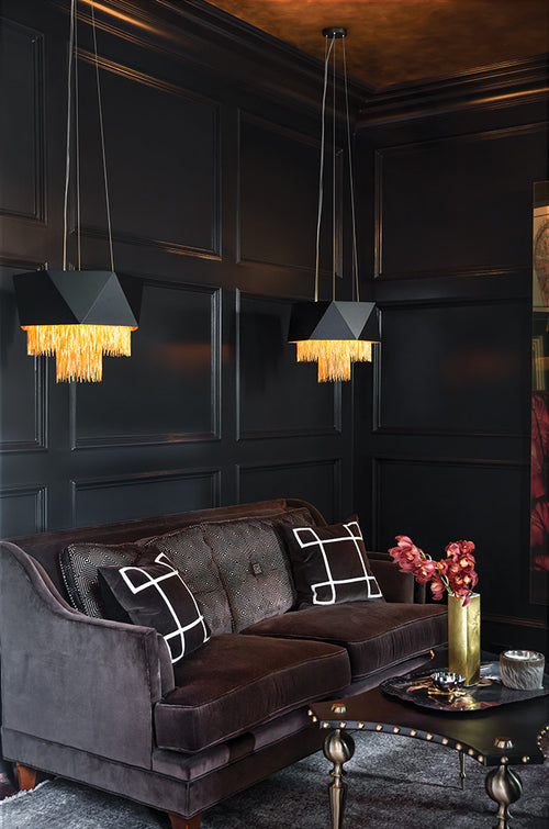 Elstead Zuma 6-lichts hanglamp, satijnzwart, goud, E27