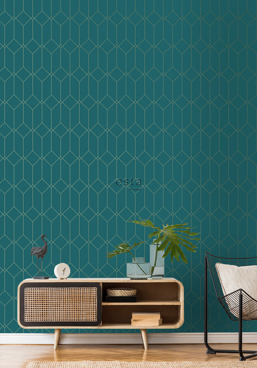 ESTAhome behang art deco motief goud, groen en blauw - 53 cm x 10.05 m - 139224