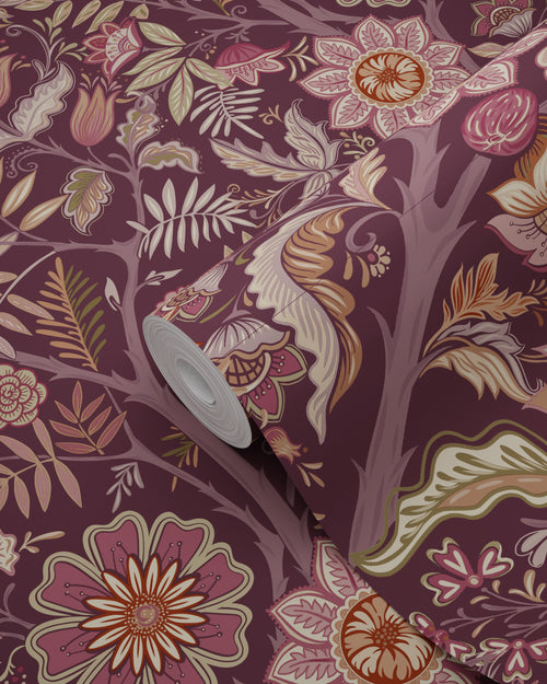 ESTAhome behang vintage bloemen aubergine paars - 50 x 900 cm - 131336 - vtwonen shop