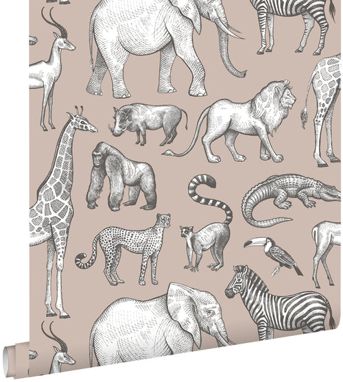 ESTAhome behang jungle dieren oudroze en grijs - 53 cm x 10.05 m - 139271