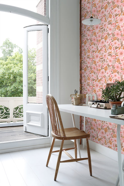 ESTAhome behang bloemen roze, oranje en vergrijsd groen - 50 x 900 cm - 130925 - vtwonen shop