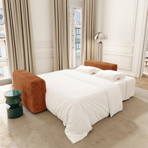 Premium Interiors - Slaapbank met opbergruimte COMO - zacht aanvoelende geweven stof terracotta 254cm