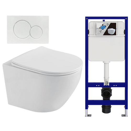 LOMAZOO hangtoiletset Linea - met inbouwreservoir & ronde drukplaat - rond - wit