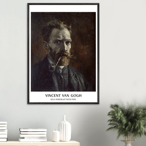 Artfulprints Poster met Lijst Vincent van Gogh - Self-portrait with pipe   - 50x70 cm - Bruin