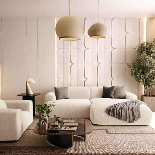 Sia Home - Rechte hoekbanken MYRA - Fluweel met patroon - Crème - 266cm - vtwonen shop