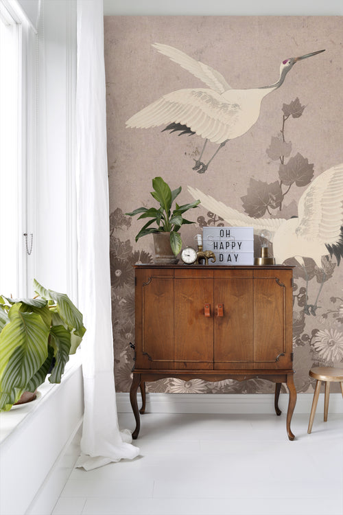 ESTAhome fotobehang kraanvogels grijs roze - 200 x 279 cm - 158946 - vtwonen shop