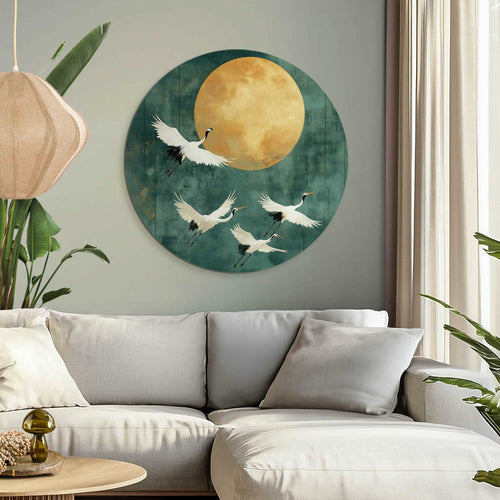 Reinders Kraanvogels in de nacht glasschilderij -  groen - woonkamer - Ø 70cm
