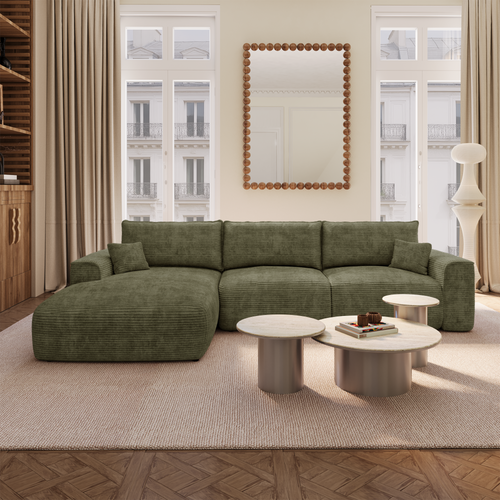 Premium Interiors - Linkshoekbank met slaapfunctie en opbergruimte COMO - corduroy olijfgroen 297cm