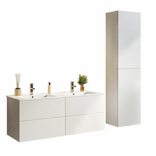 LOMAZOO badmeubelset Nuvano - met hoge kast & witte wastafel - glanzend wit - 120 cm