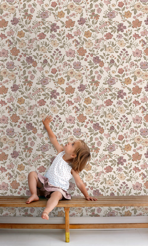 ESTAhome behang bloemetjes mauve paars, vergrijsd groen en terracotta - 53 cm x 10.05 m - 131328 - vtwonen shop