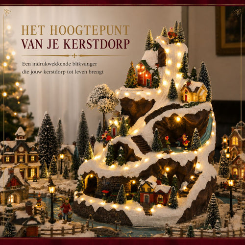 Luville Kerstdorp Miniatuur Skipiste - Kerstversiering met Ronddraaiende Kerstboom en Rijdend Treintje - Kerst Decoratie met Verlichte Huisjes -