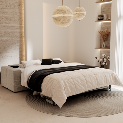 Premium Interiors - Snel uitklapbare slaapbank VIBE - gewaafd fluweel beige 206cm
