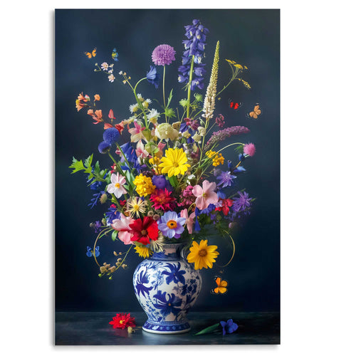 Reinders Delft Blue Field Bouquet glasschilderij -  meerkleurig/multi color - woonkamer - 116x78cm