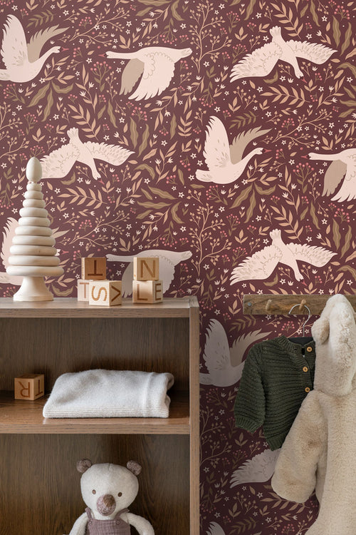 ESTAhome behang zwanen bordeaux rood - 50 x 900 cm - 131860
