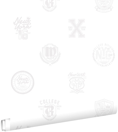 ESTAhome behang school emblemen zilver op wit - 53 cm x 10.05 m - 128805