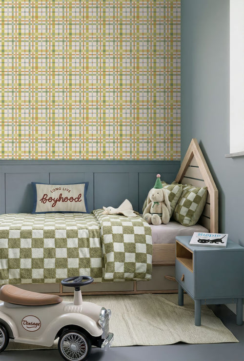 ESTAhome behang ruitjes groen, blauw en terracotta - 50 x 900 cm - 132050