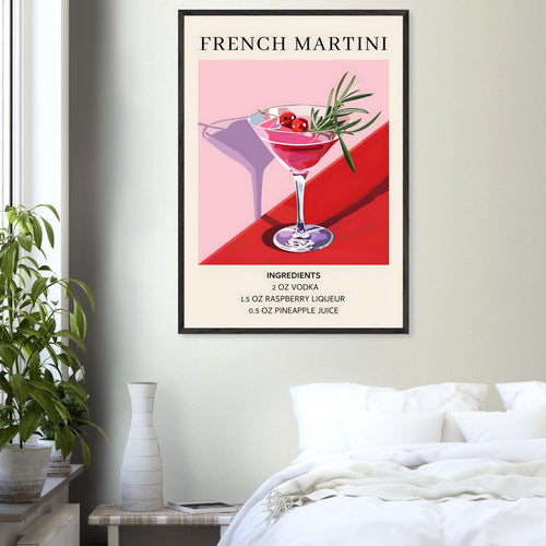 Artfulprints Poster French Martini cocktail - Ingrediënten   - 70x100 cm - Roze