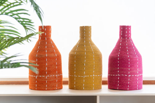 J-Line vaas Strepen - riet - roze/oranje/geel - 3 stuks - 50 cm hoog