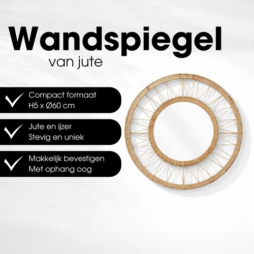 Mica Decorations Ludy Spiegel Rotan - Wandspiegel - Boho Decoratie - Decoratieve Spiegel Ø60 cm - Jute - Lichtbruin