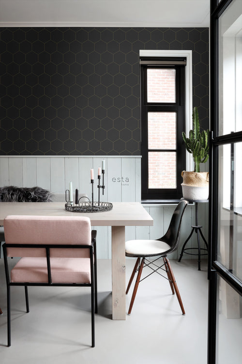ESTAhome behang hexagon zwart en goud - 53 cm x 10.05 m - 139313