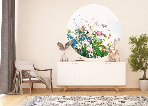 Sanders & Sanders zelfklevende behangcirkel veldbloemen groen, roze en blauw - Ø 140 cm - 601125