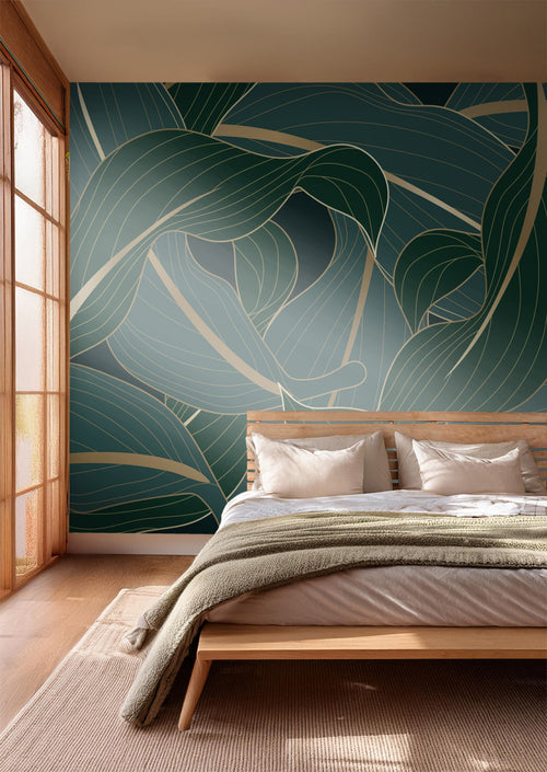 Sanders & Sanders fotobehang bladeren groen, petrolblauw en goud - 375 x 270 cm - 600995