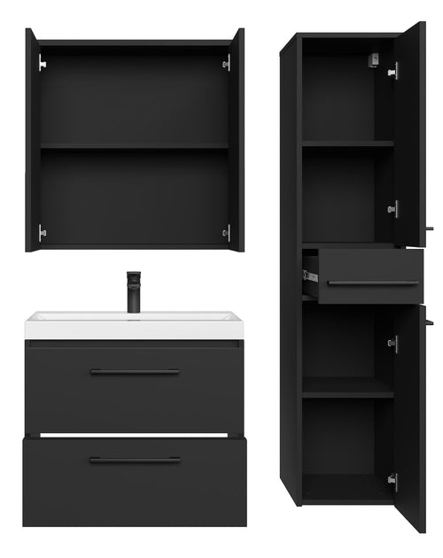 Badplaats Badkamermeubel Set Florence 60 cm – Mat Zwart – Hangend Badmeubel met Wastafel, Spiegelkast en Zijkast