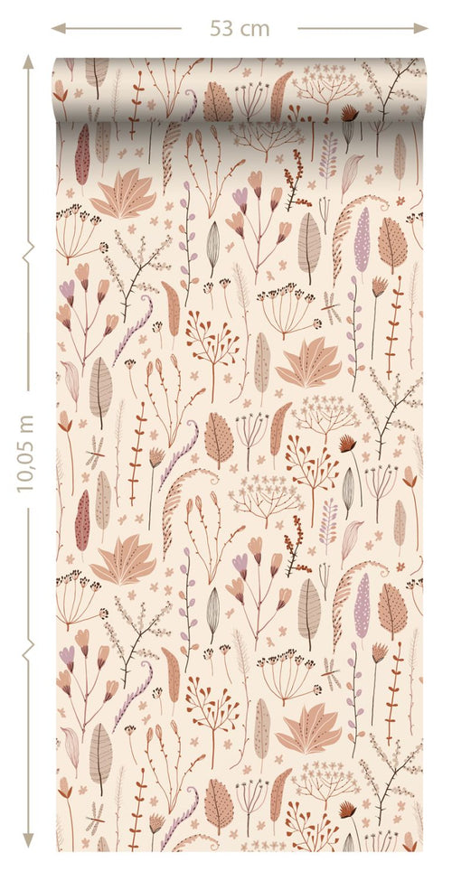 ESTAhome behang veldbloemen warm beige, terracotta en paars - 50 x 900 cm - 131161