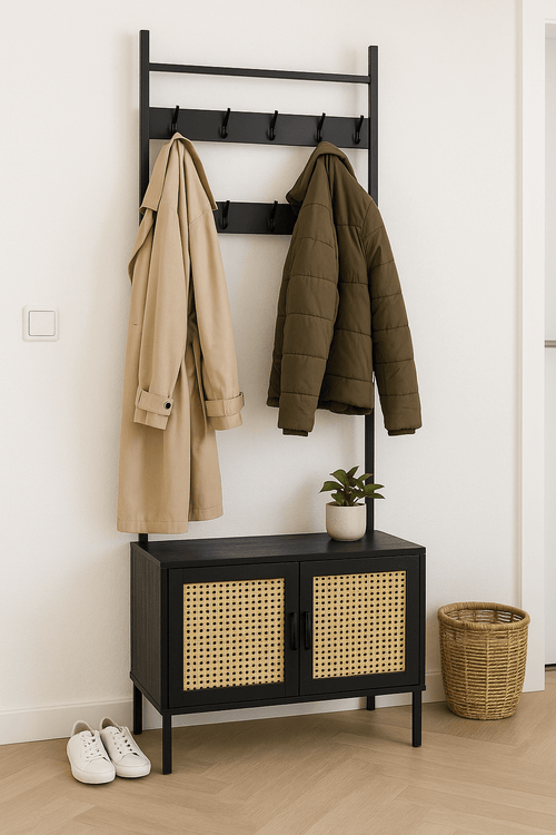 Furnilux Kapstok Ambon – Met Opbergkast & Haken – Zwart met Rattan – 70x32x175 cm – Industriële Halmeubel