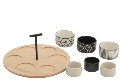 J-Line tapasplank 6 kommen + bambouschaal In Doos - keramiek/hout - wit/zwart
