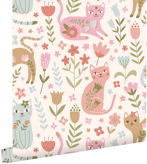 ESTAhome behang katjes roze, blauw, paars en groen - 50 x 900 cm - 132180