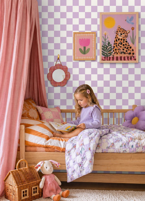 ESTAhome behang geblokt motief lila paars en wit - 53 cm x 10.05 m - 139997