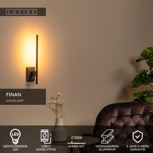 Lucide wandlamp FINAN - Geïntegreerde LED - Zwart