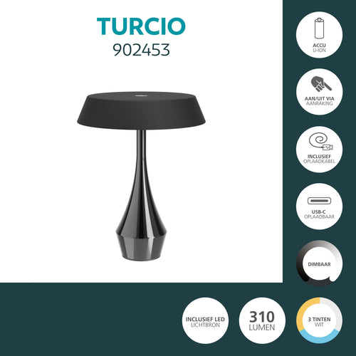 EGLO tafellamp Turcio - oplaadbaar - glossy zwart