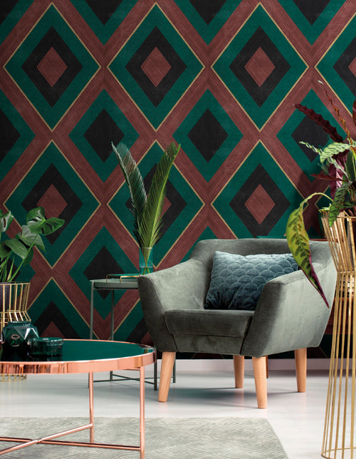 Sanders & Sanders behang geometrische vormen terracotta, groen en zwart - 53 cm x 10 m - 640550