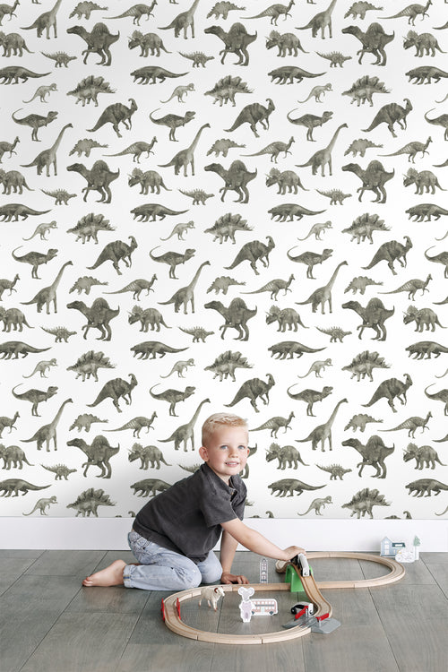 ESTAhome behang dinosaurussen groen grijs - 50 x 900 cm - 131199