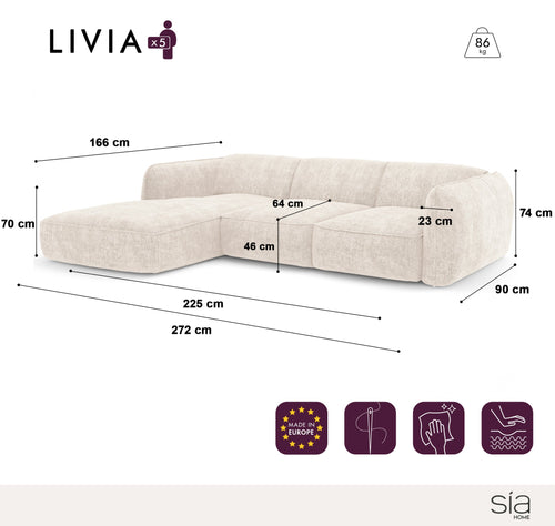 Sia Home - Hoekbanken links LIVIA - Fluweel weefsel - Terracotta - 272cm
