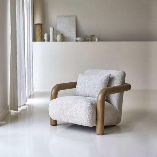 Tikamoon Lage fauteuil in massief mindihout en ecru stof - Beige