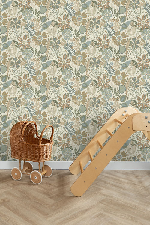ESTAhome behang bloemmotief beige, blauw en groen - 53 cm x 10.05 m - 139676