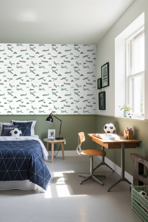 ESTAhome behang vliegtuigen vergrijsd groen en blauw - 50 x 900 cm - 139804