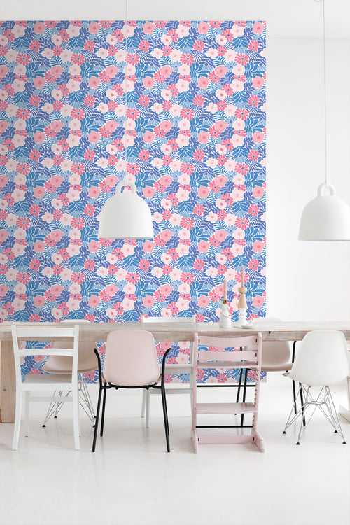 ESTAhome behang bloemen in Matisse stijl blauw en roze - 50 x 900 cm - 131006 - vtwonen shop