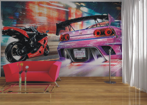 Sanders & Sanders fotobehang sportauto's paars, rood en blauw - 375 x 270 cm - 600476