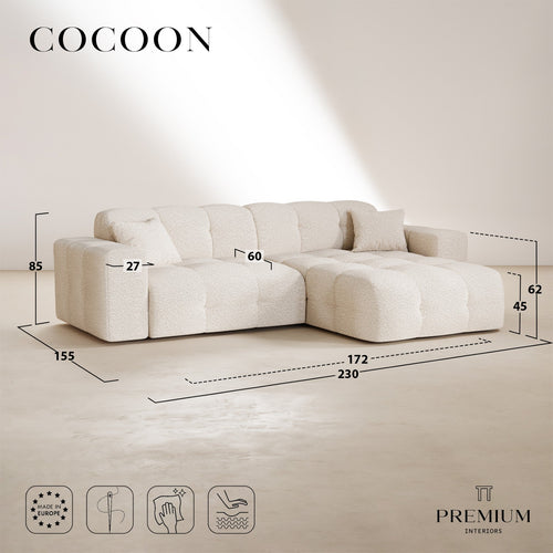 Premium Interiors - Rechthoekige hoekbank COCOON - gewaafd fluweel vintage groen 230cm